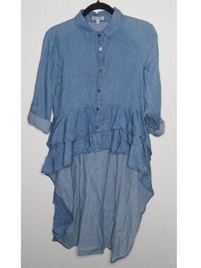 Denim Hi Low Ruffle Hem Button Down Blouse